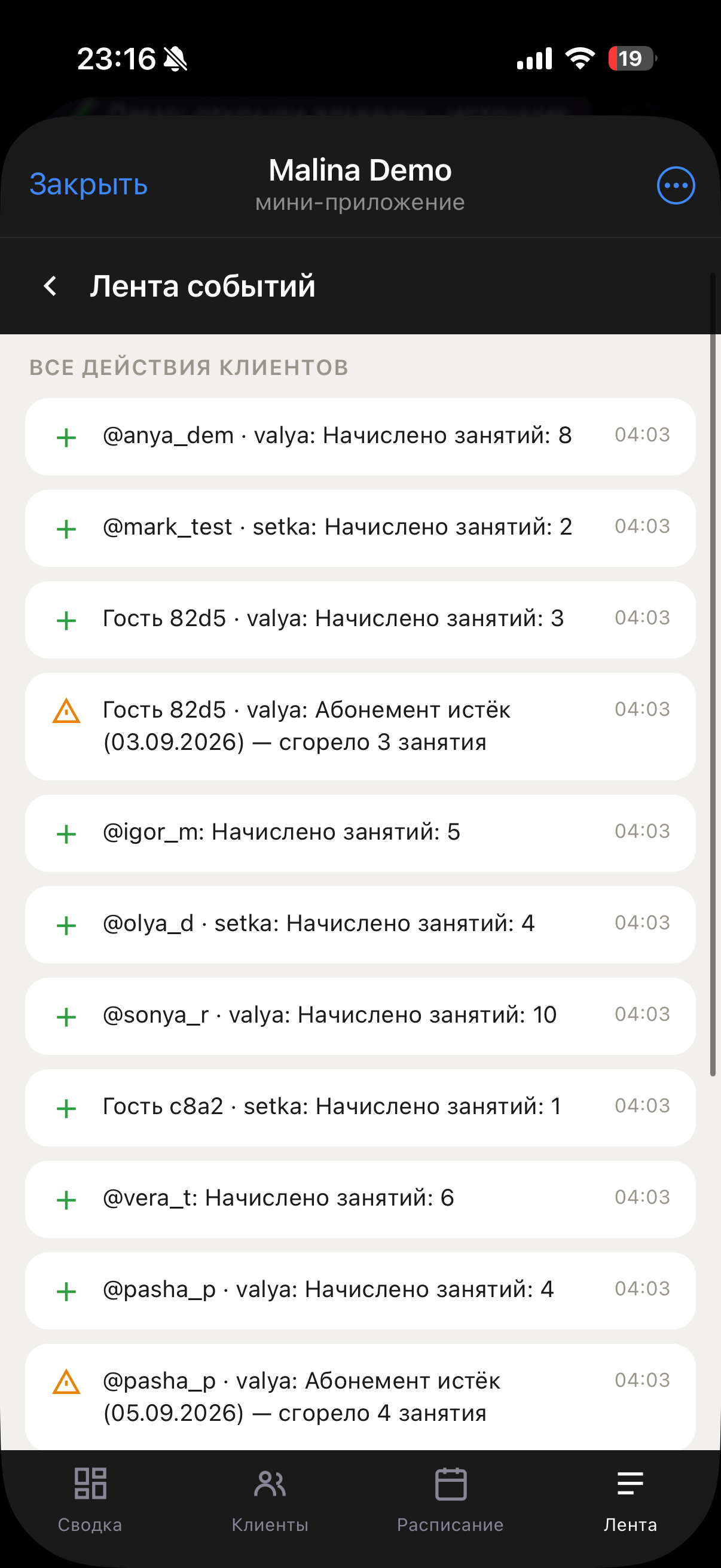 Брусника — админка: управление расписанием