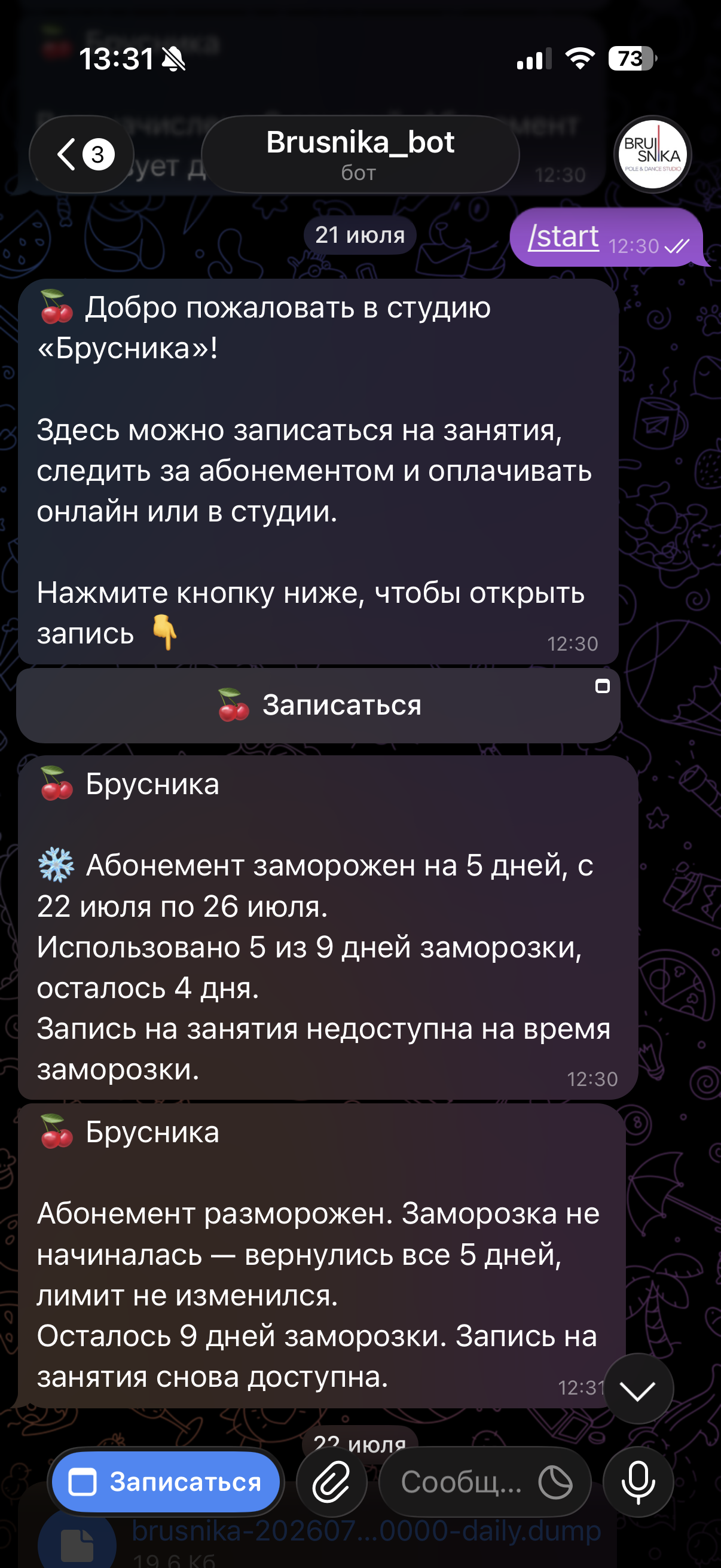Брусника — кнопка записи в Telegram Mini App